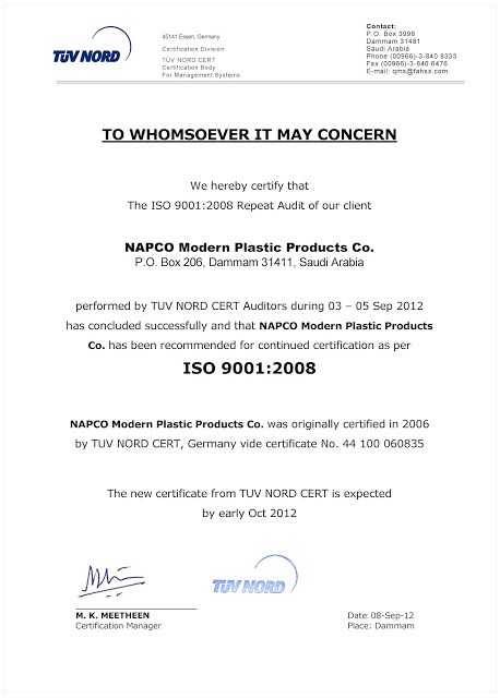 Napco Modern Sack Division Renews ISO 9001:2008 Certification